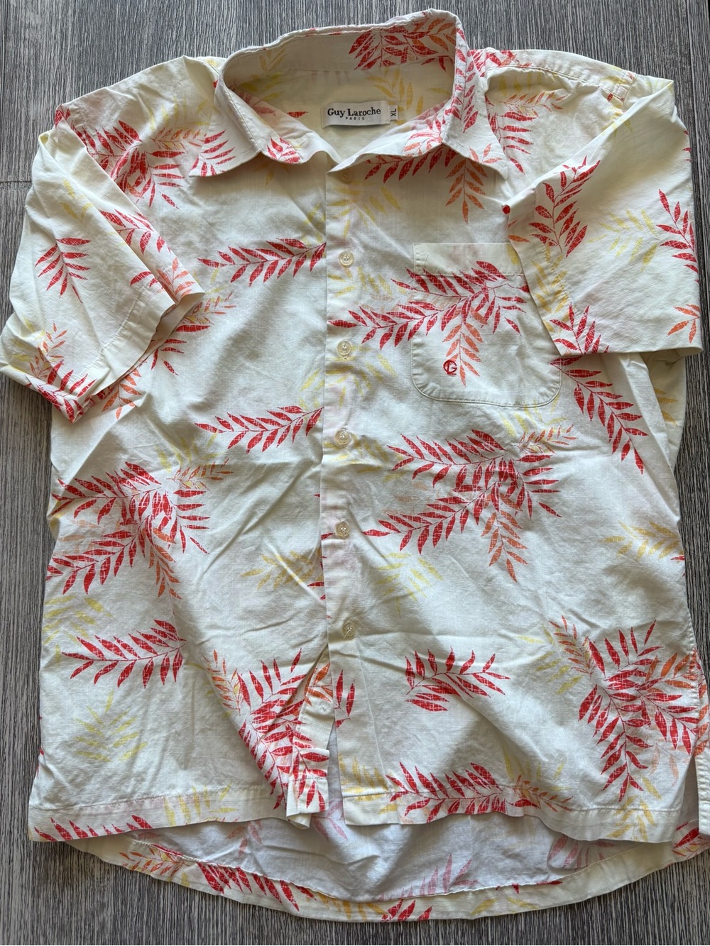 Guy Laroche White Short-Sleeve Linen Shirt with Red and Yellow Leaf Print